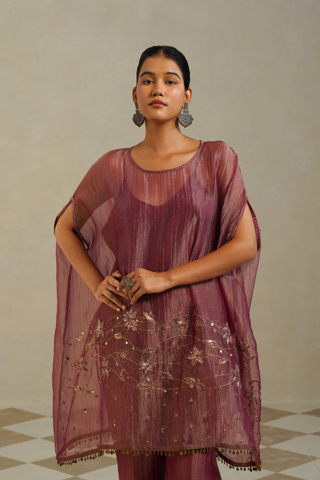 Adaa Muted Berry Kaftan Set with Palazzo