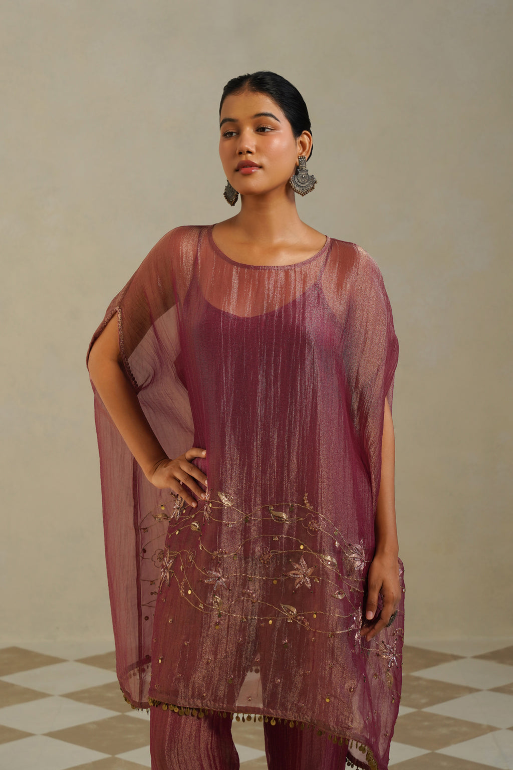 Adaa Muted Berry Kaftan Set with Palazzo