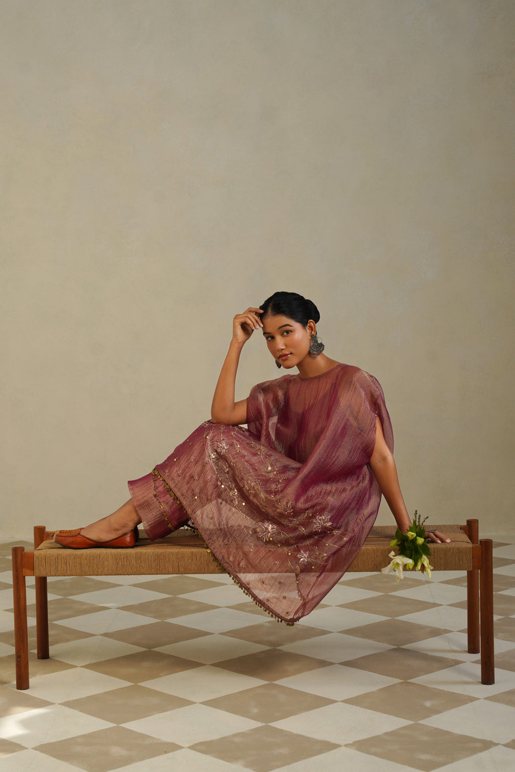 Adaa Muted Berry Kaftan Set with Palazzo