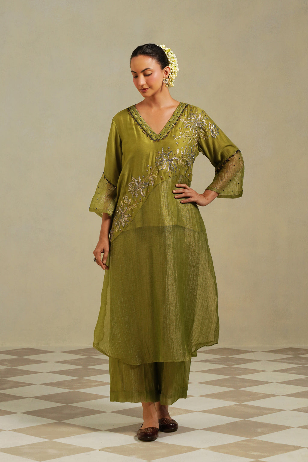 Yamini Lime Green Gold Panelled Kurta Set with Palazzo