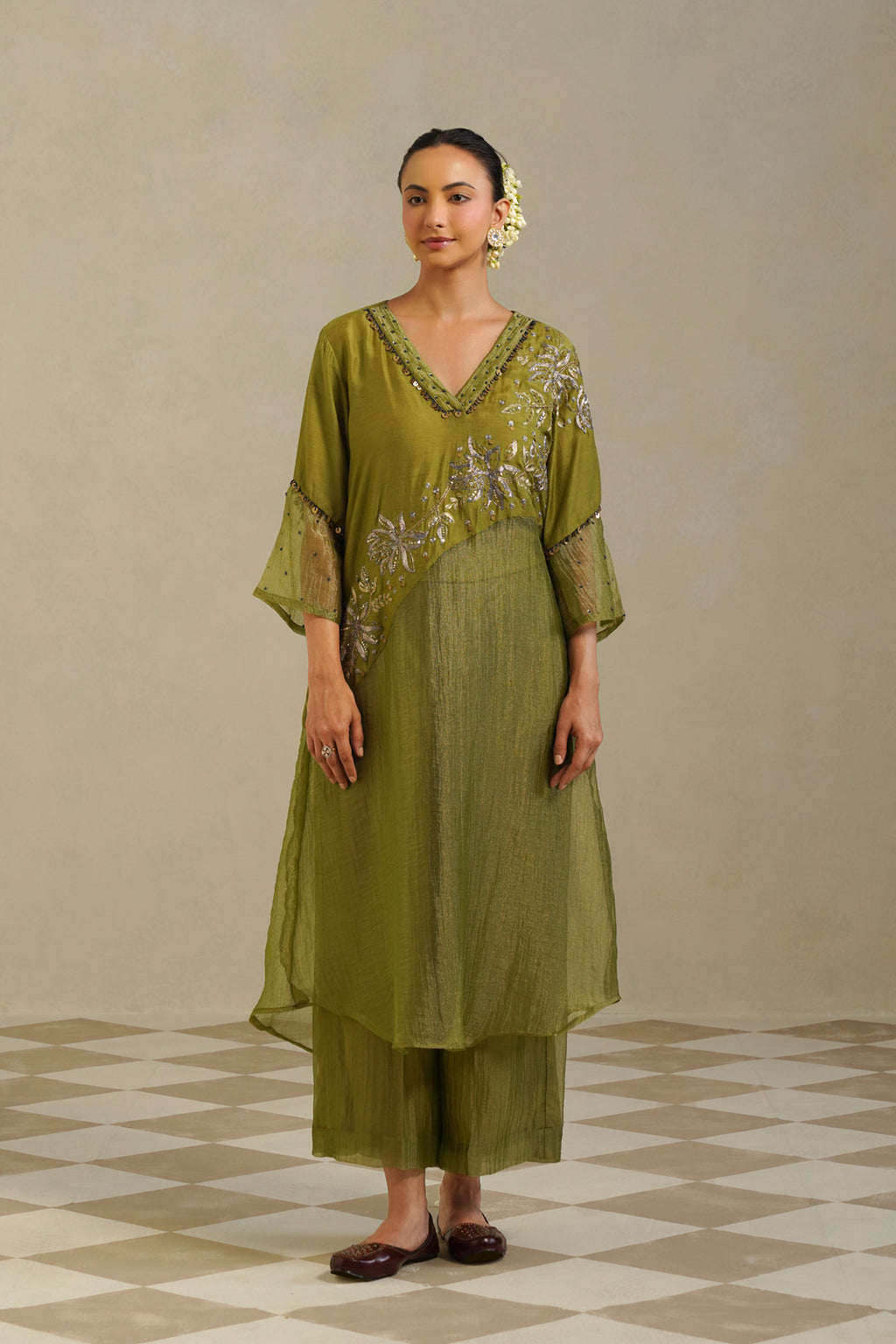 Yamini Lime Green Gold Panelled Kurta Set with Palazzo