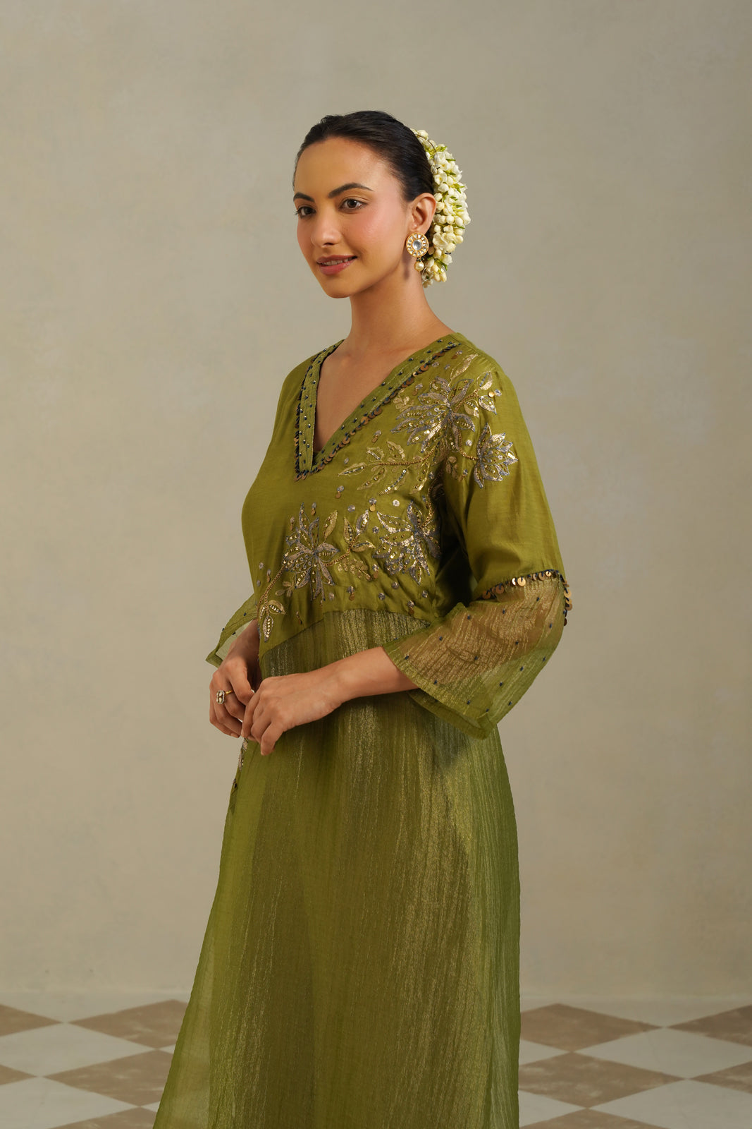 Yamini Lime Green Gold Panelled Kurta Set with Palazzo