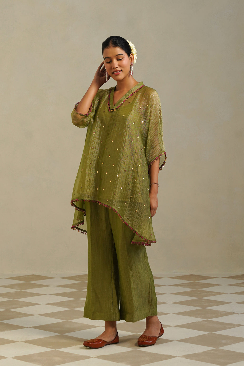 Kaina Lime Green Gold Kaftan Set with Palazzo