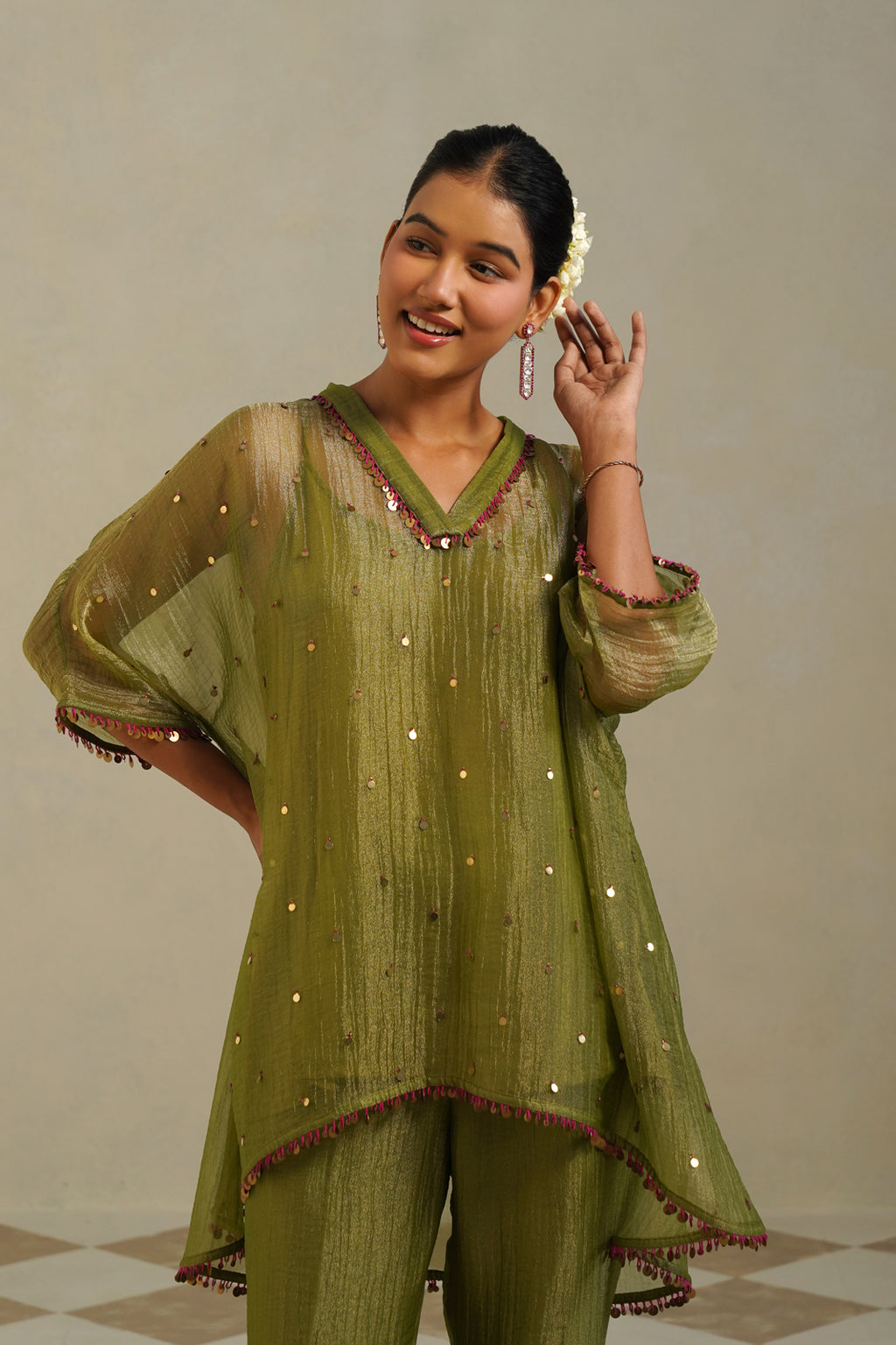 Kaina Lime Green Gold Kaftan Set with Palazzo