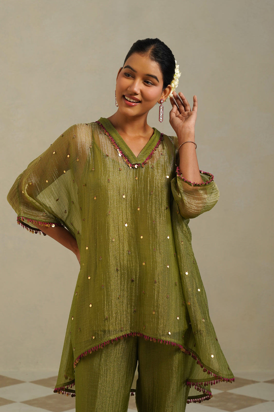 Kaina Lime Green Gold Kaftan Set with Palazzo