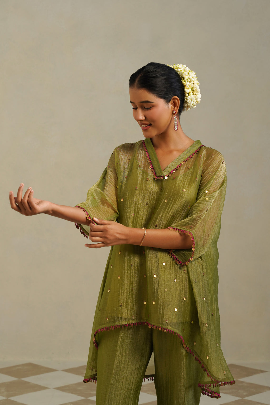 Kaina Lime Green Gold Kaftan Set with Palazzo
