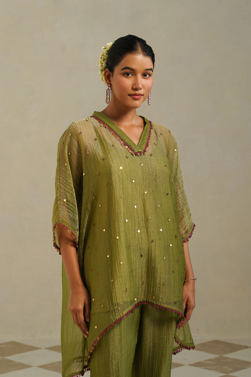 Kaina Lime Green Gold Kaftan Set with Palazzo