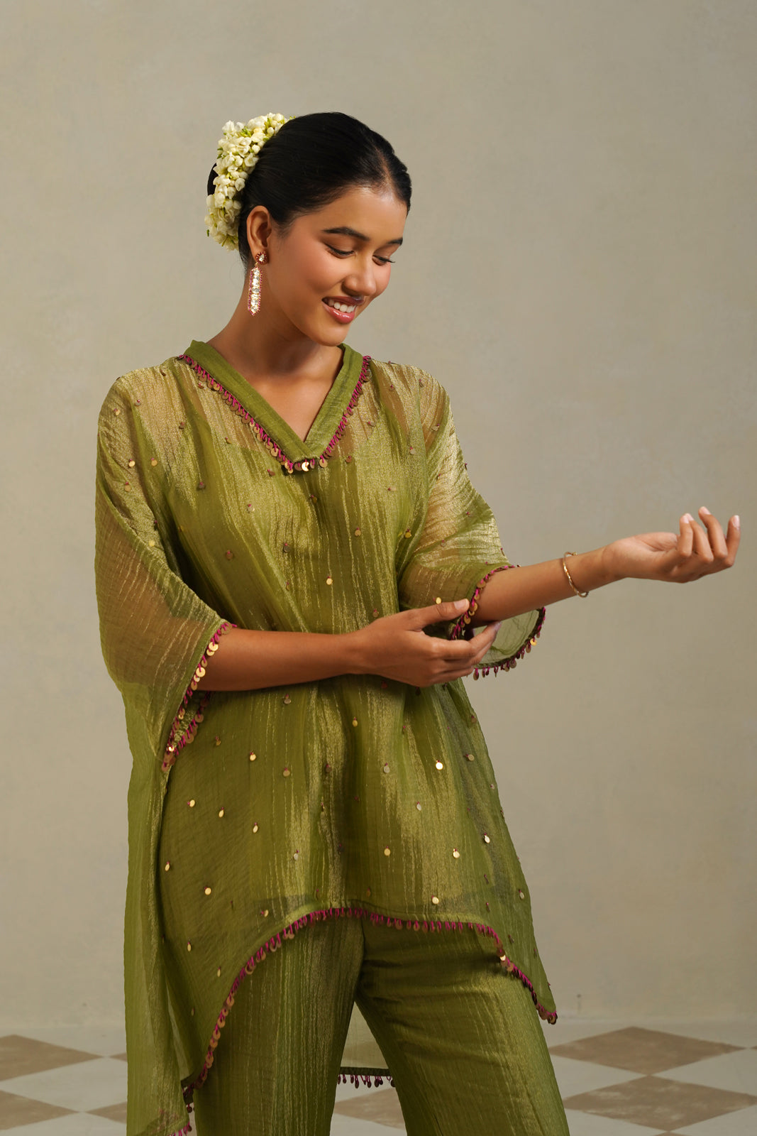 Kaina Lime Green Gold Kaftan Set with Palazzo
