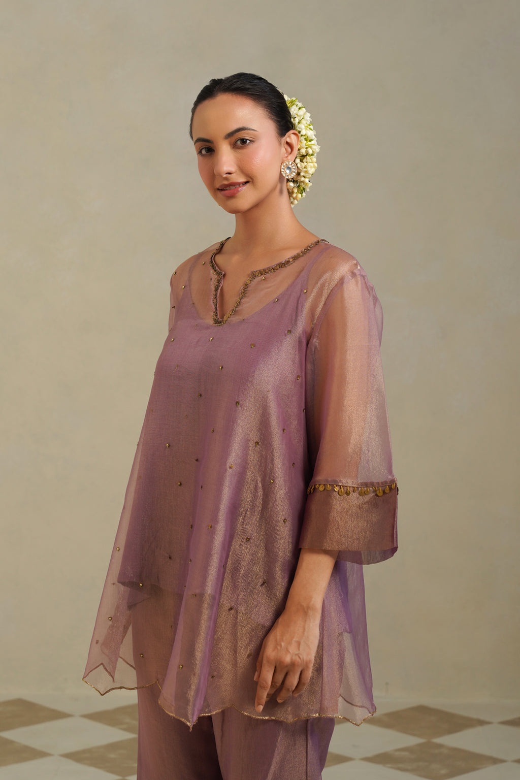 Mrinal Dusty Mauve Halter Neck Asymmetrical Tunic Co-ord Set