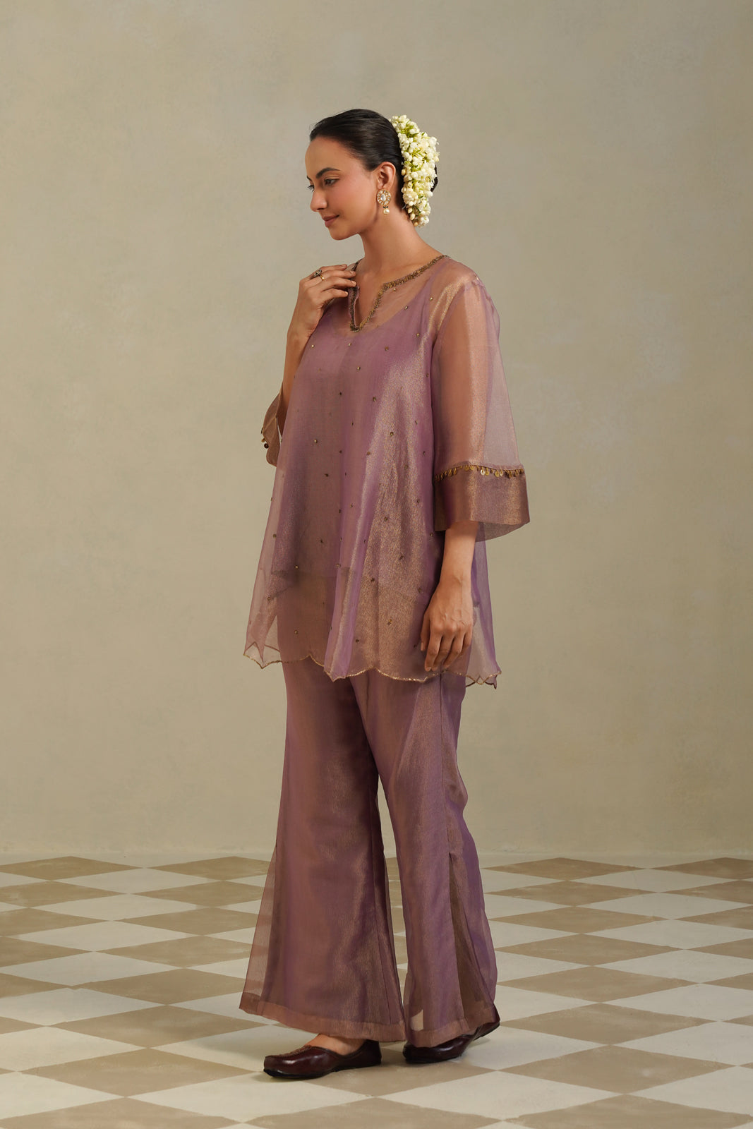 Mrinal Dusty Mauve Halter Neck Asymmetrical Tunic Co-ord Set