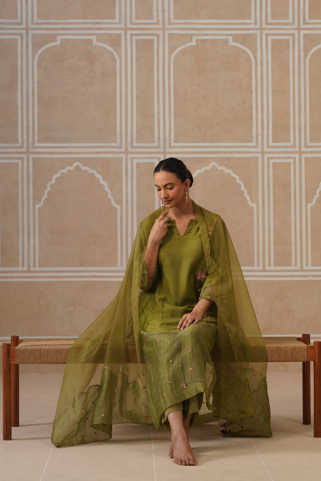 Mihika Olive Green Temple Scallop Kurta Set