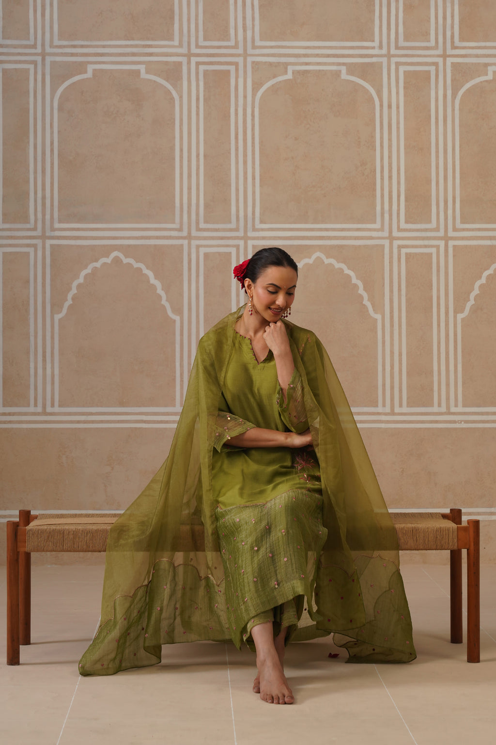 Mihika Olive Green Temple Scallop Kurta Set