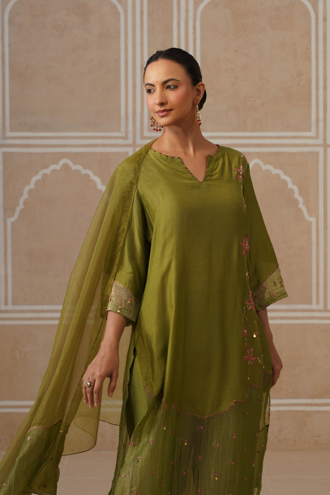 Mihika Olive Green Temple Scallop Kurta Set