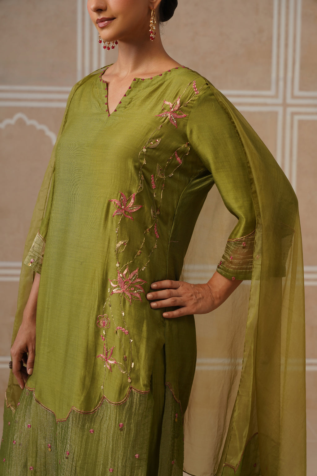 Mihika Olive Green Temple Scallop Kurta Set