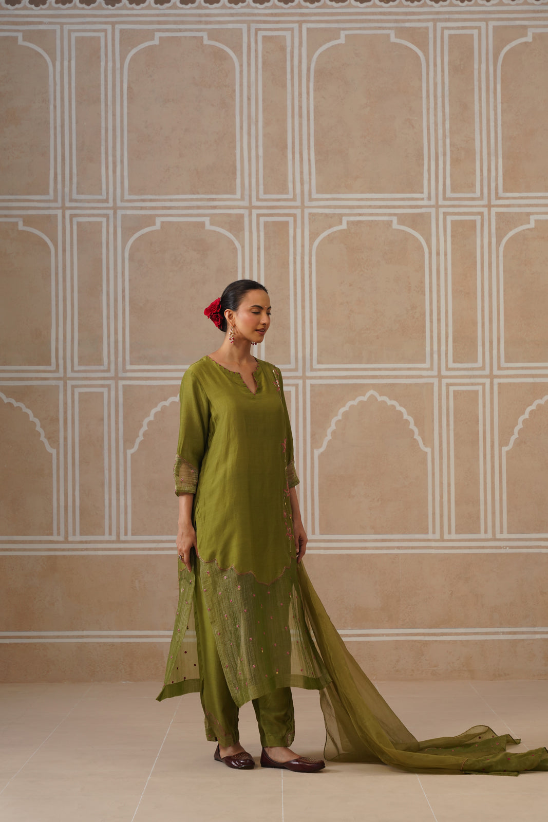 Mihika Olive Green Temple Scallop Kurta Set