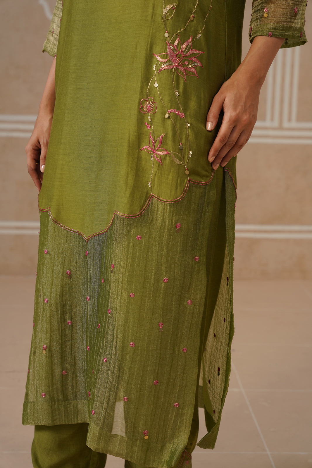 Mihika Olive Green Temple Scallop Kurta Set