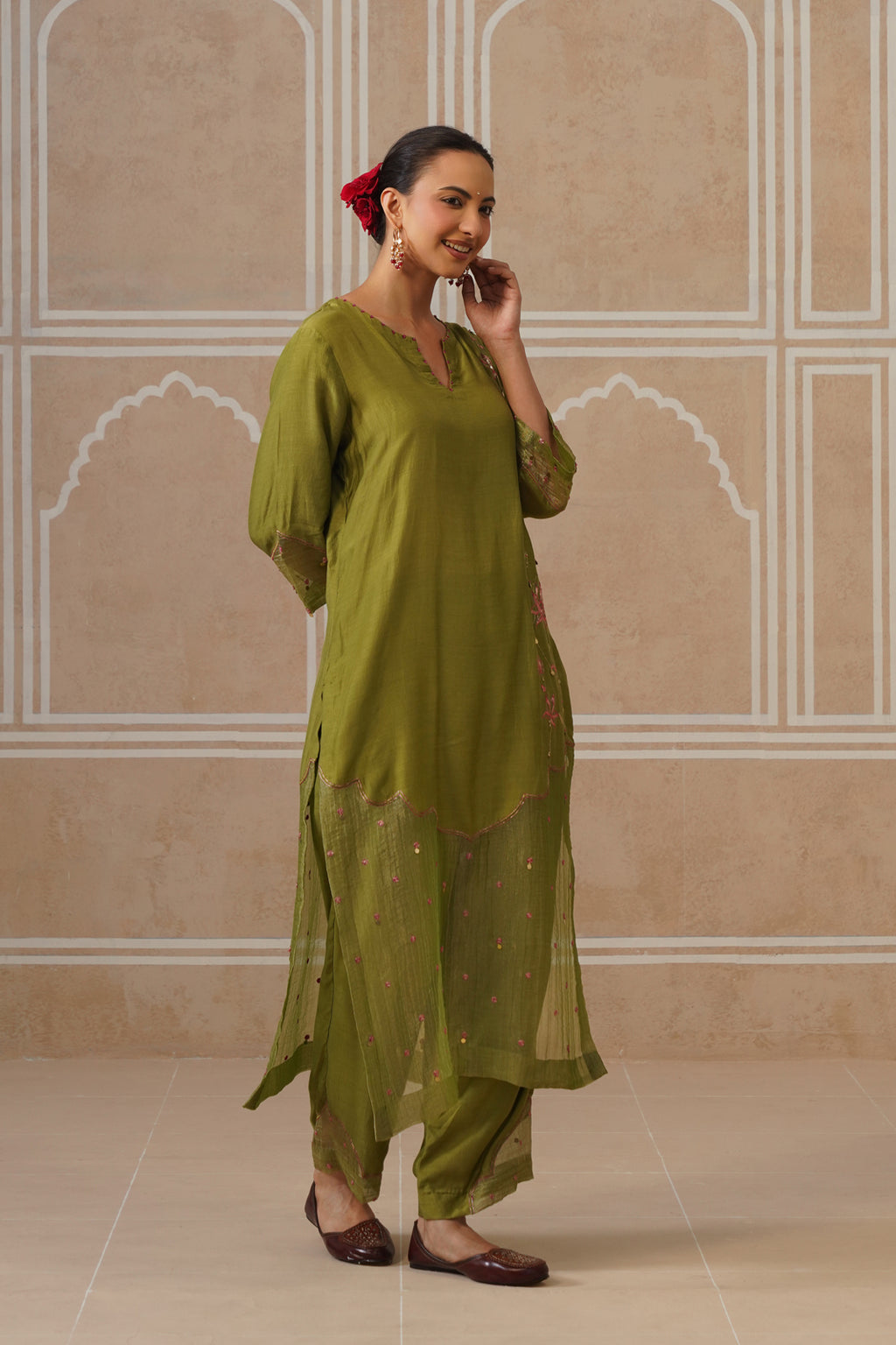 Mihika Olive Green Temple Scallop Kurta Set