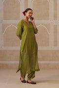 Mihika Olive Green Temple Scallop Kurta Set
