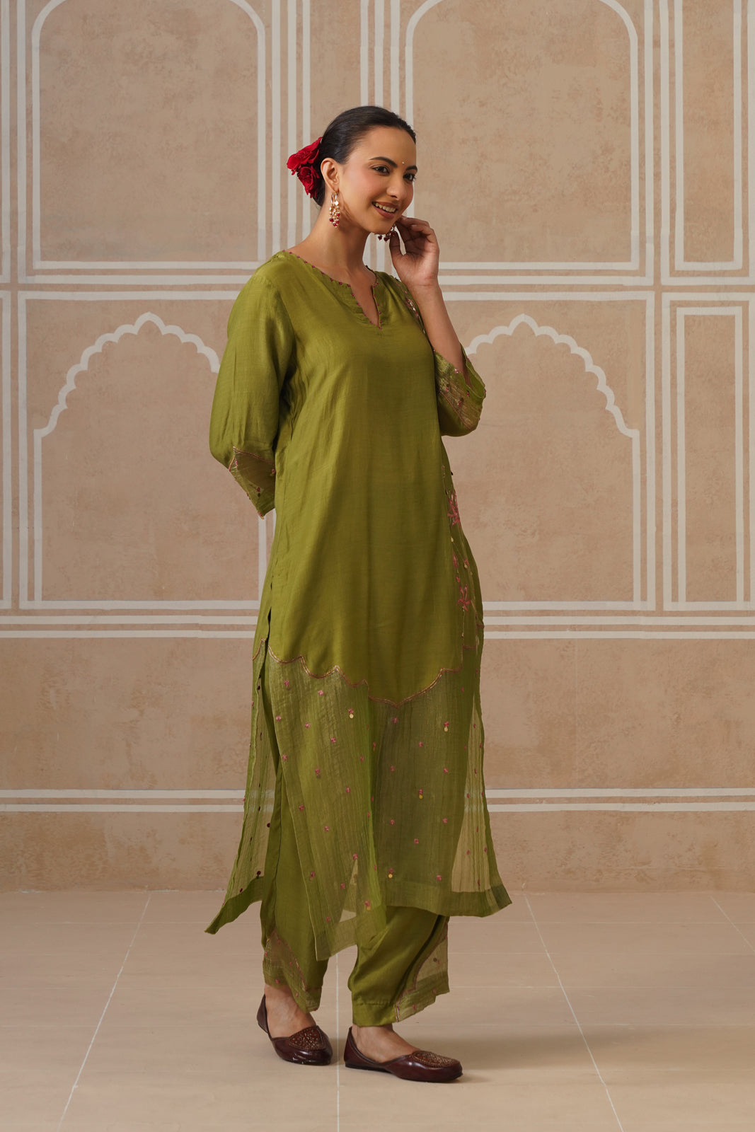 Mihika Olive Green Temple Scallop Kurta Set
