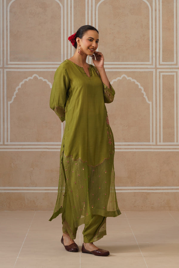 Mihika Olive Green Temple Scallop Kurta Set